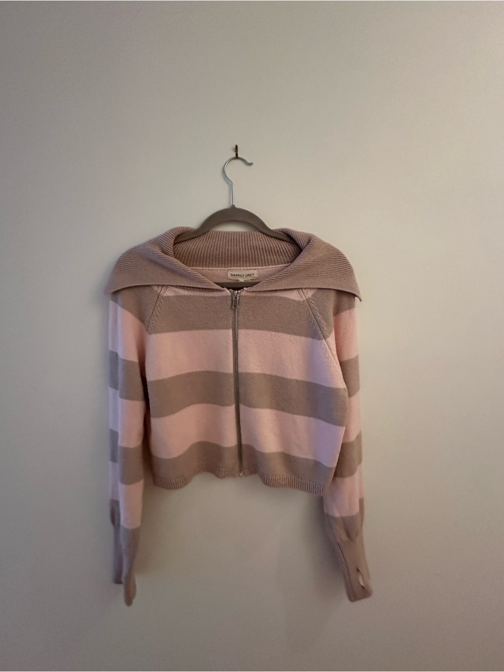 Striped Zip-Up Knit Cardigan in Pink and Taupe